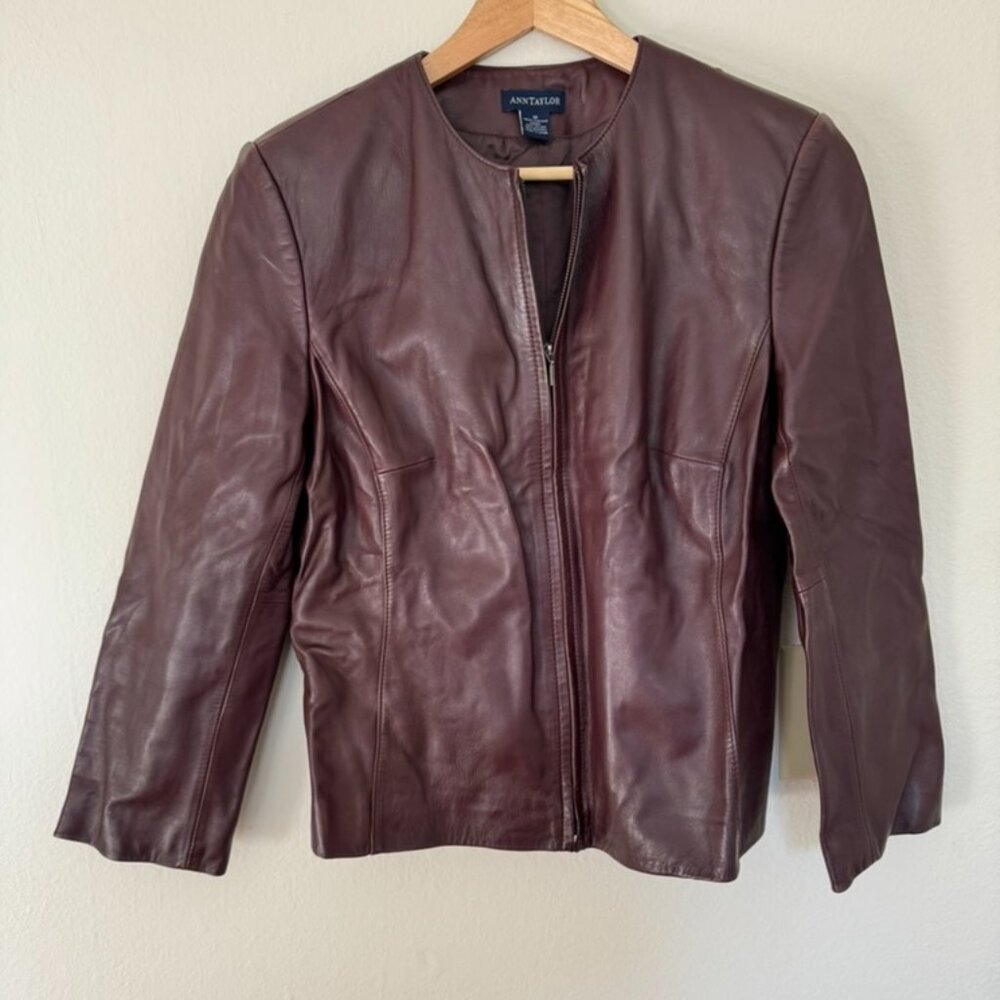 Ann Taylor Brown Leather Zip Up Jacket, short length, Size 12